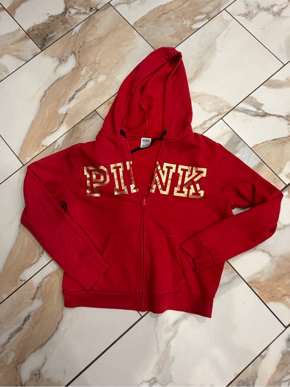 PINK Victoria's Secret Red Zip-Up Hoodie with Gold Lettering